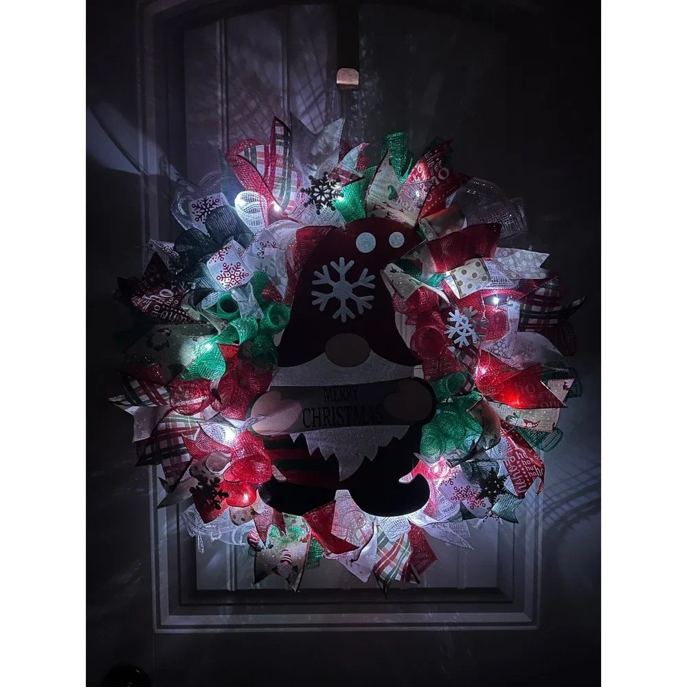 Christmas Snowflake Gnome Holiday Ribbon Door Wreath Handmade 22 ins LED W10